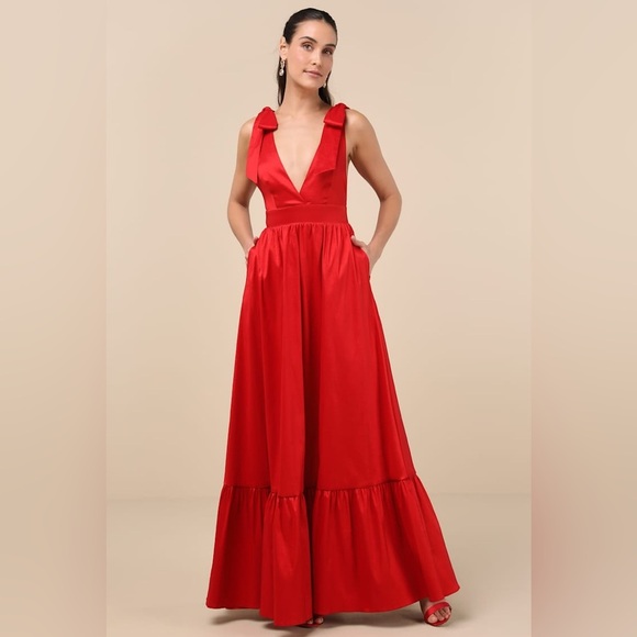 LULU’S Rare Charm Red Taffeta Tie-Strap Maxi Dress With Pockets - Picture 5 of 6